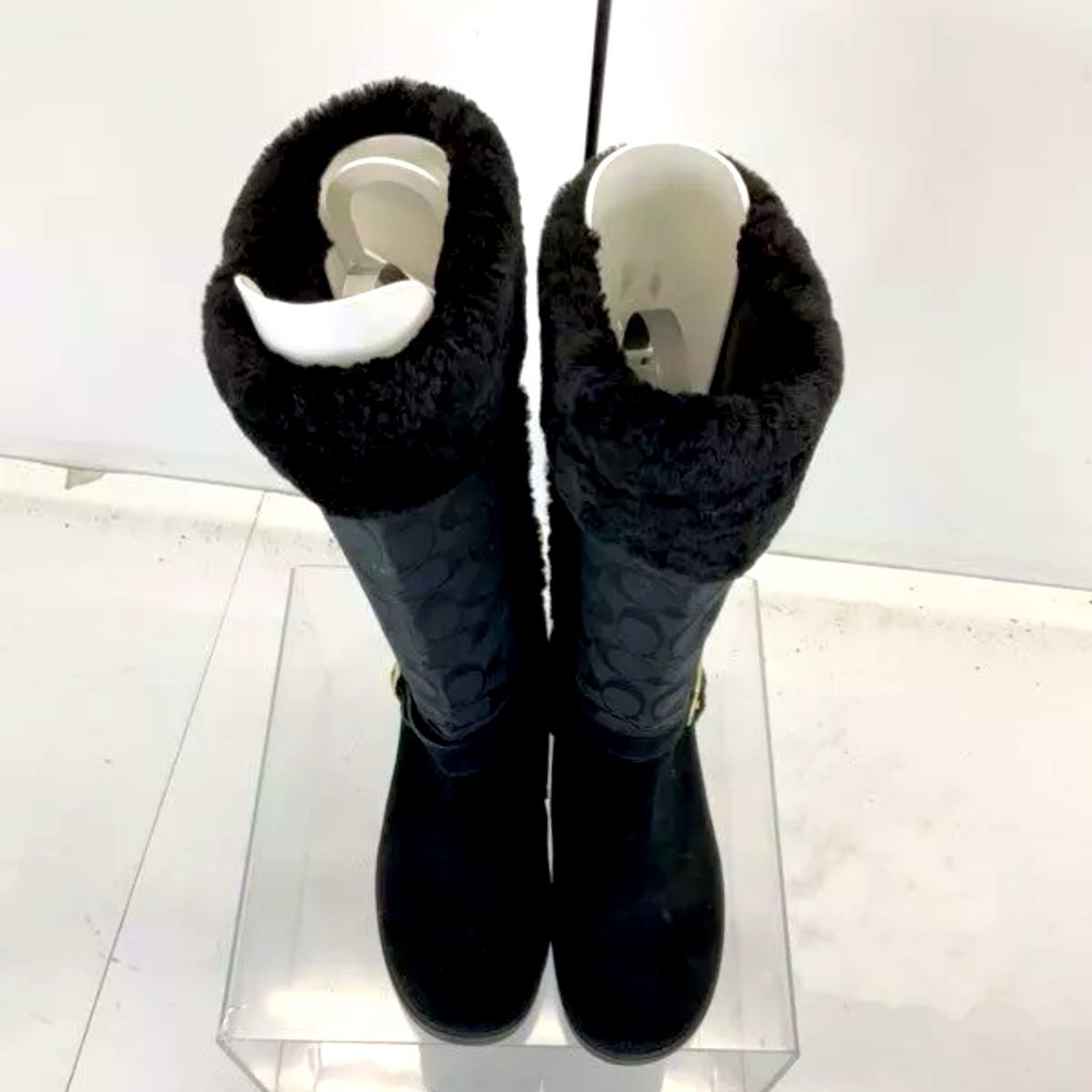 Coach Deeann Black Signature Fabric Suede Furry Winter Boots